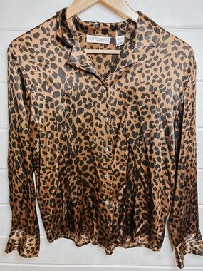 Vintage Long Sleeve Leopard Print Silk Blouse | Size 4